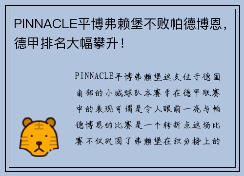 PINNACLE平博弗赖堡不败帕德博恩，德甲排名大幅攀升！