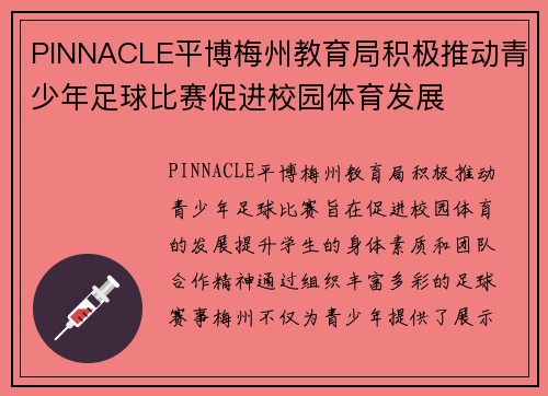 PINNACLE平博梅州教育局积极推动青少年足球比赛促进校园体育发展